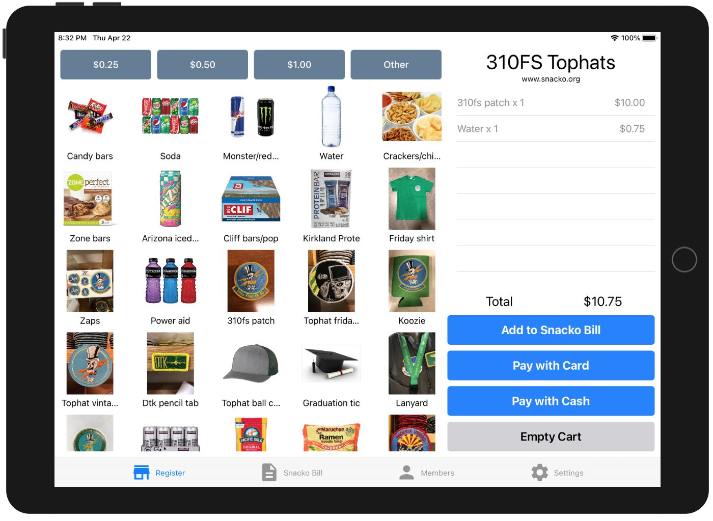 Snacko Register product interface